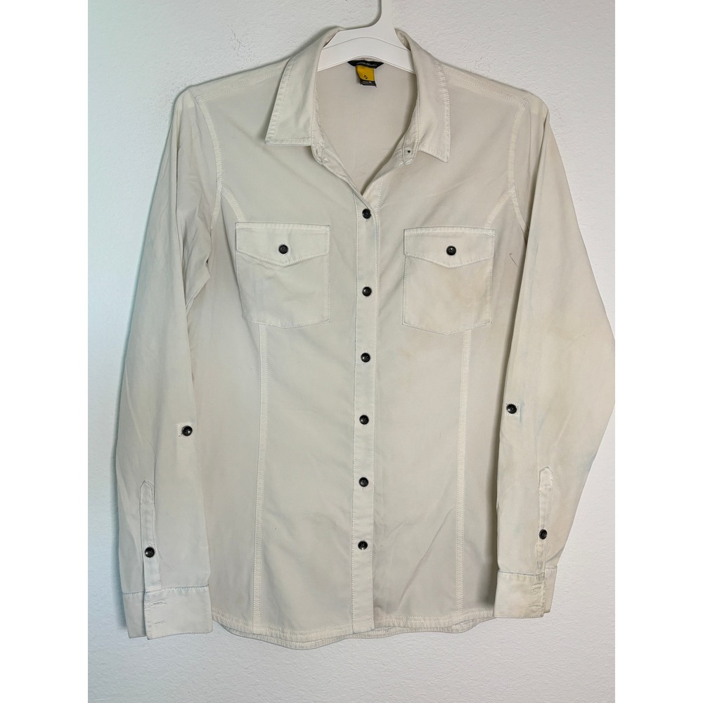 Eddie Bauer Travex Womens Medium Beige Long Sleeve Roll Tab Hiking Travel Shirt